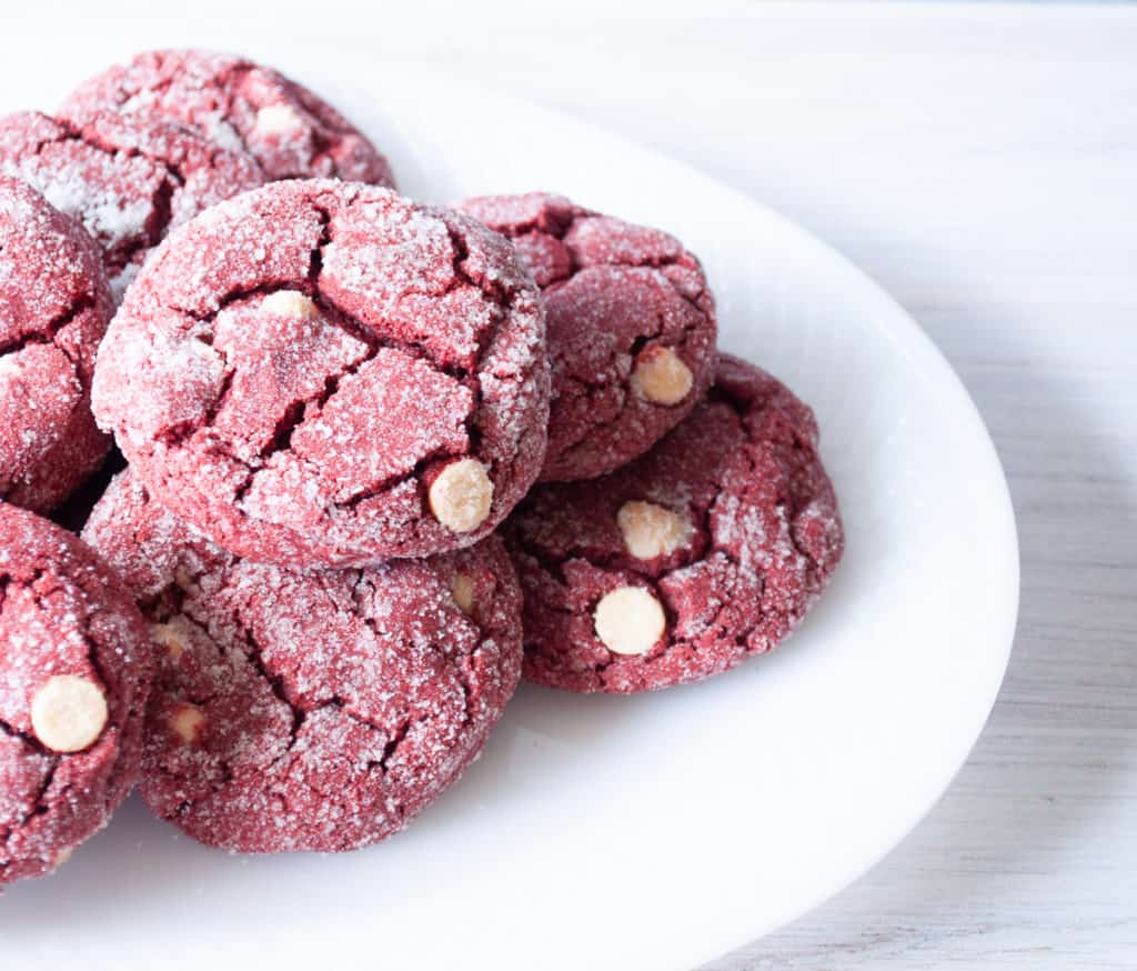 Close-up photo of red velvet cake mix cookies ready to serve.