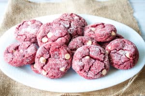 Ready to serve red velvet cake mix cookies.
