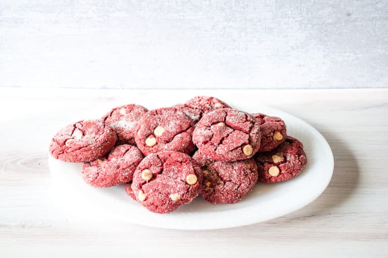 A platter of freshly baked red velvet cake mix cookies.