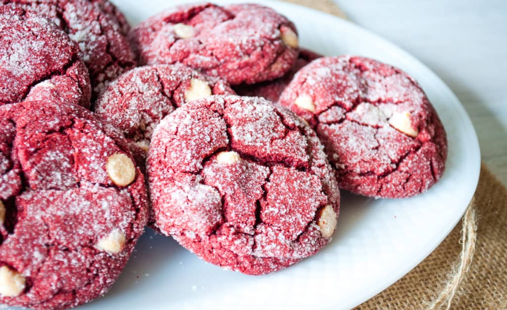 Ready to serve red velvet cake mix cookies.