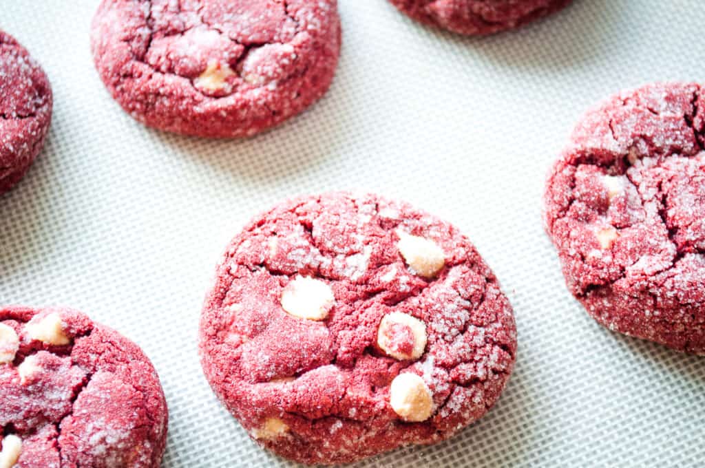 Freshly baked red velvet cookies.