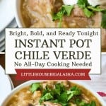 Two bowls of Instant Pot chile verde are topped with sour cream and chopped cilantro, placed on a table with a plate of tortillas nearby—perfect for pairing with easy favorites like Instant Pot Beef Stew for a cozy dinner spread.