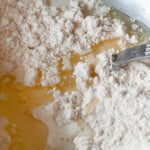 Combine the wet and dry ingredients with a fork to form the dumpling dough.