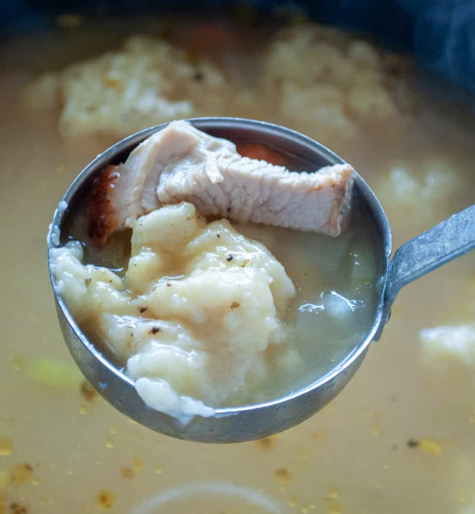 Ladle full of Turkey Dumpling Soup.