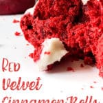 Red Velvet Cinnamon Rolls with cream cheese frosting on a white background.