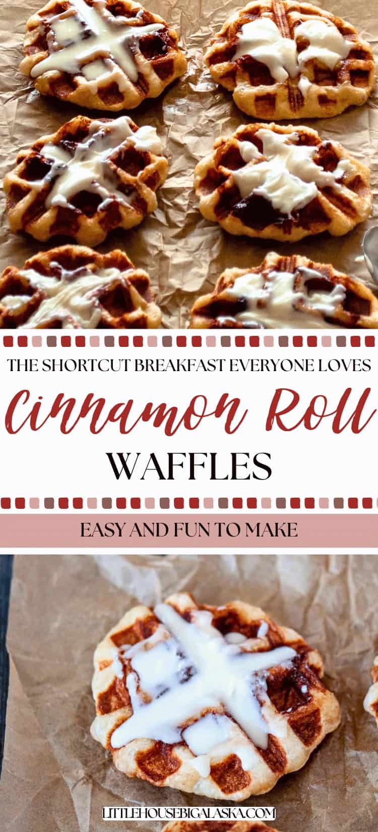 Cinnamon Roll Waffles topped with sweet white icing are displayed on a baking tray and parchment paper, with text highlighting this fun and easy recipe to make at home.