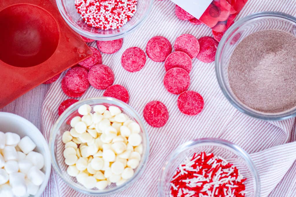 Ingredients for Red Velvet Hot Cocoa Bombs.