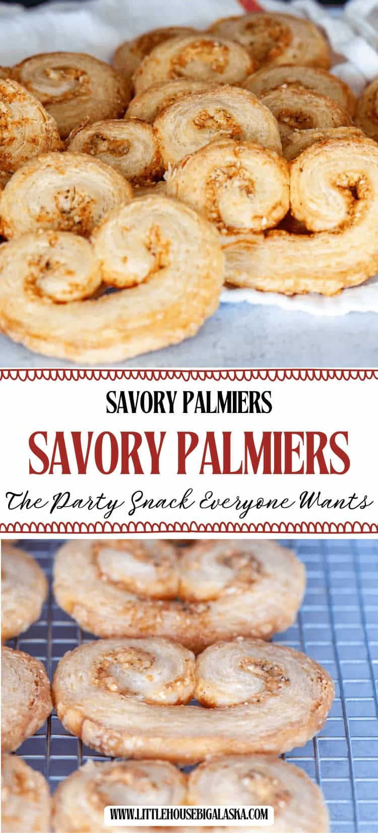 Baked savory palmiers arranged on a tray and cooling rack, shown up close to highlight their flaky, golden texture—these irresistible puff pastry appetizers are perfect for any gathering.