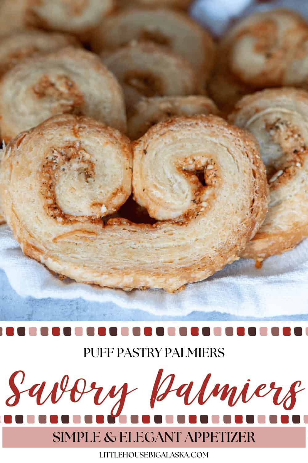 Close-up of golden brown, spiral-shaped Savory Palmiers made from puff pastry, arranged on a parchment-lined surface as a tempting Puff Pastry Appetizer.
