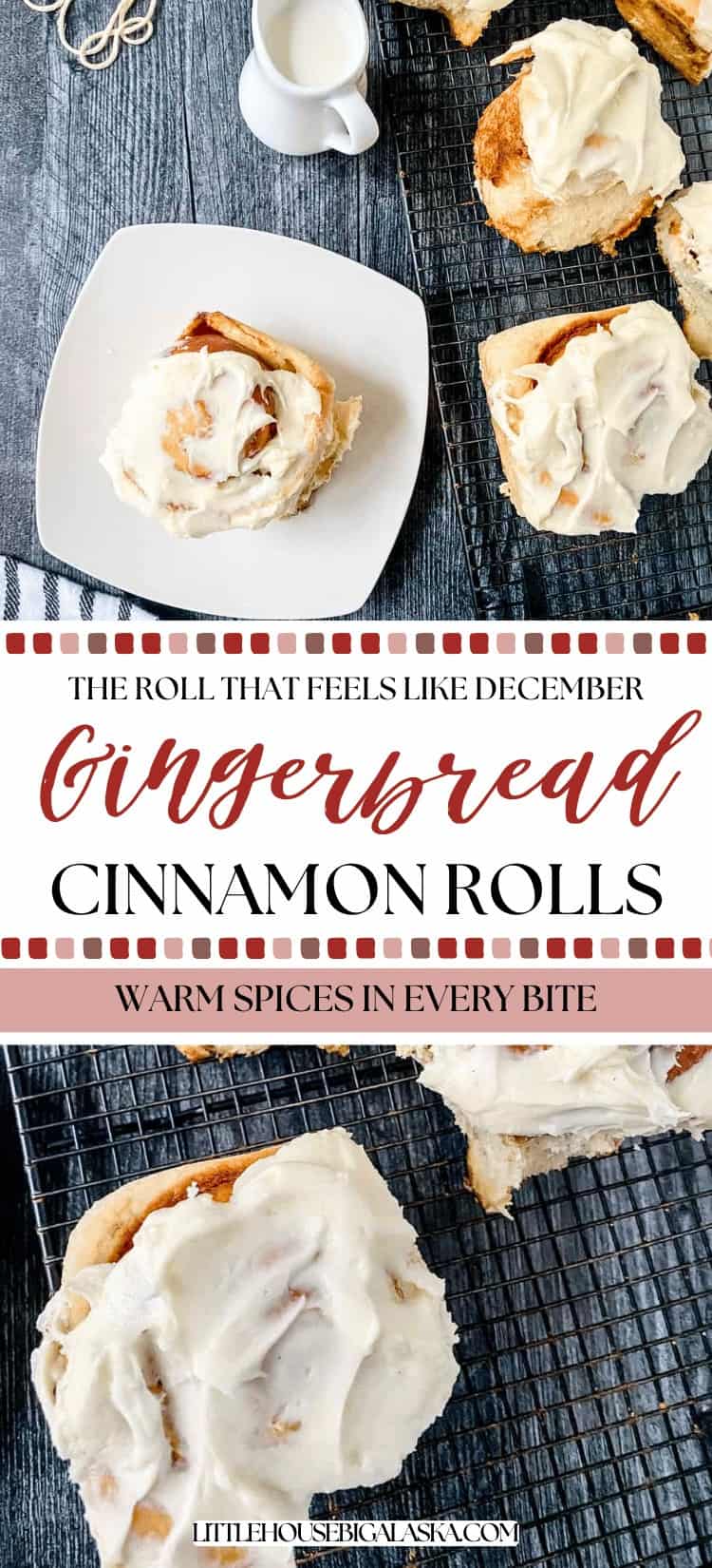 Iced GINGERBREAD Cinnamon ROLLS sit on a plate and cooling rack, with a small pitcher of milk nearby on a dark wooden surface—perfect for an easy overnight cinnamon rolls treat.