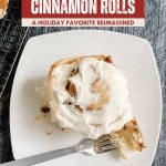 A GINGERBREAD Cinnamon ROLL with white icing on a white plate beside a fork, with text above celebrating overnight cinnamon rolls as a cozy holiday favorite.