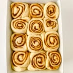 Doubled-in-size gingerbread cinnamon rolls ready to be baked.