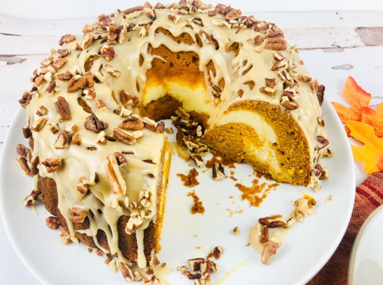 Pumpkin Bundt cake with a Cream Cheese Swirl
