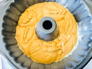 Half the batter in a bundt cake pan