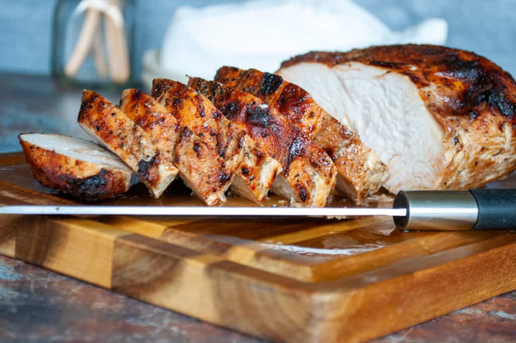 Close-up photo of the juicy air-fried turkey breast.