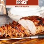Sliced cooked air fryer turkey breast on a cutting board with text above reading "Juicy Turkey Air Fryer Turkey Breast No Oven Needed.