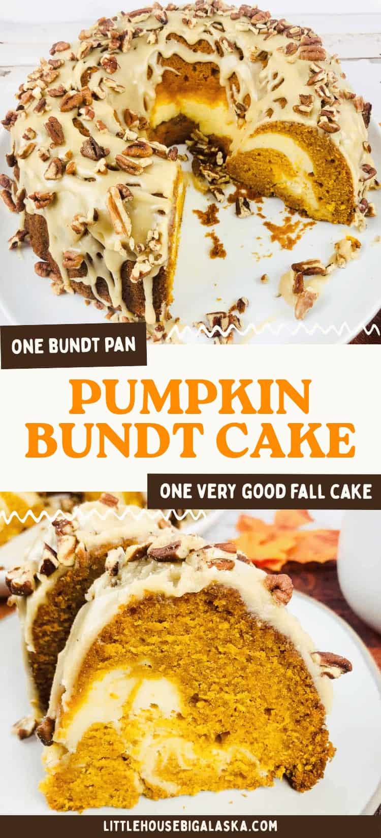 Pumpkin Bundt Cake with cream cheese filling, topped with icing and chopped pecans, shown whole and sliced on a white plate. This delectable Pumpkin Bundt Cake is perfect for showcasing fall flavors in every slice.