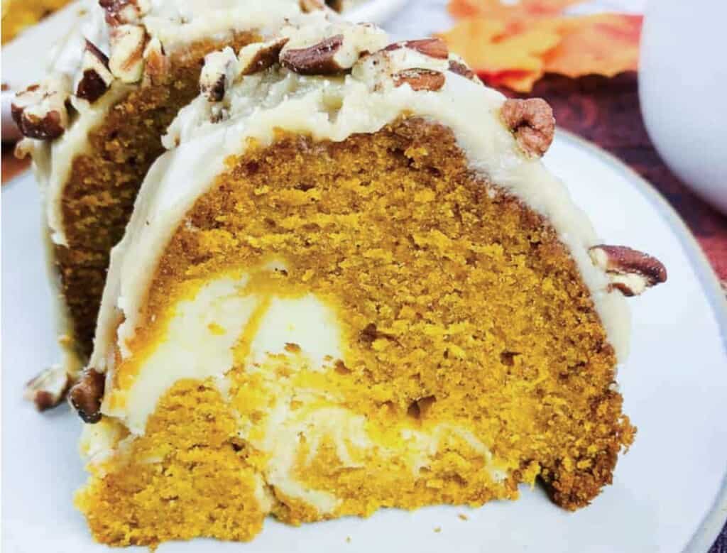 A slice of bundt cake with pumpkin flavor.