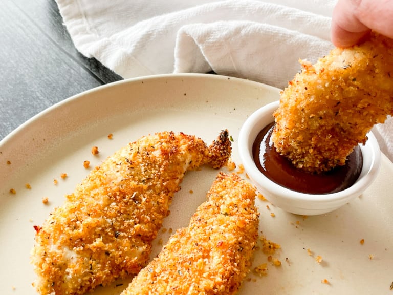 Air fryer chicken tender in bbq sauce.