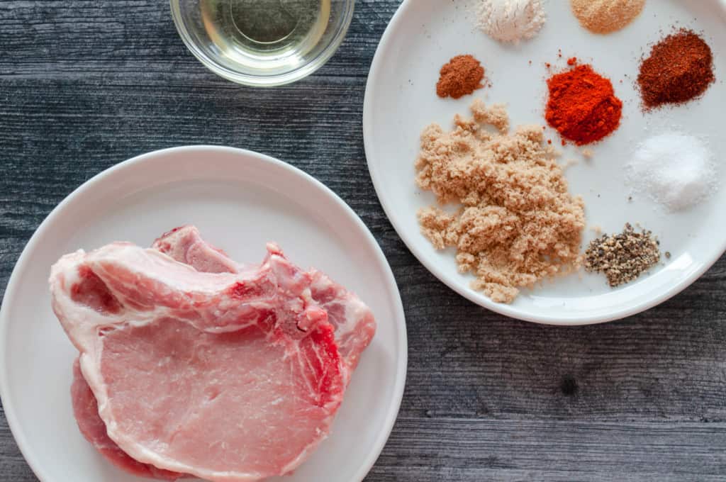 Pork Chops and Rub ingredients for  BBQ Bone-In Pork Chops in the air fryer.