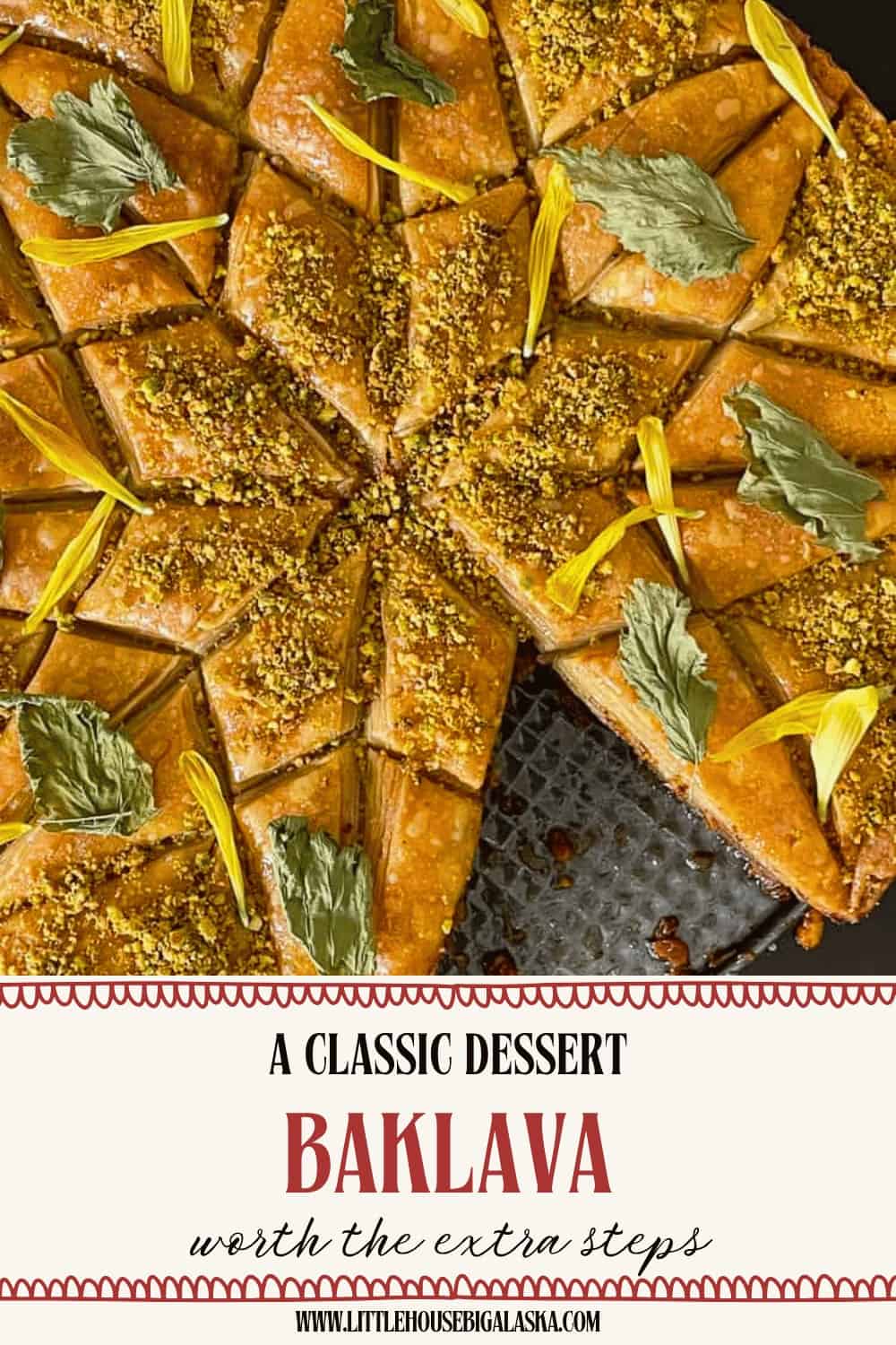 Round tray of sliced baklava topped with crushed pistachios, yellow flower petals, and green herbs, with text labeling it as a classic dessert. This beautiful presentation is the perfect finishing touch for any baklava recipe.