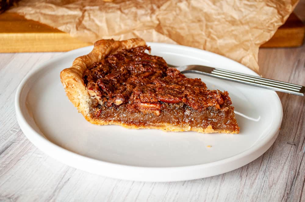Maple Pecan Pie without corn syrup on a plate.