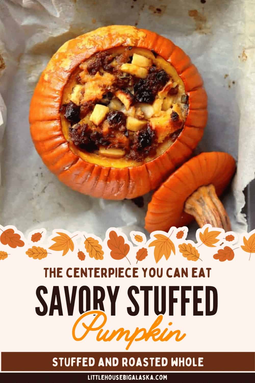 A whole stuffed pumpkin roasted to perfection, filled with a savory medley of cheese, bread, and dried fruit, and photographed beautifully on parchment paper.