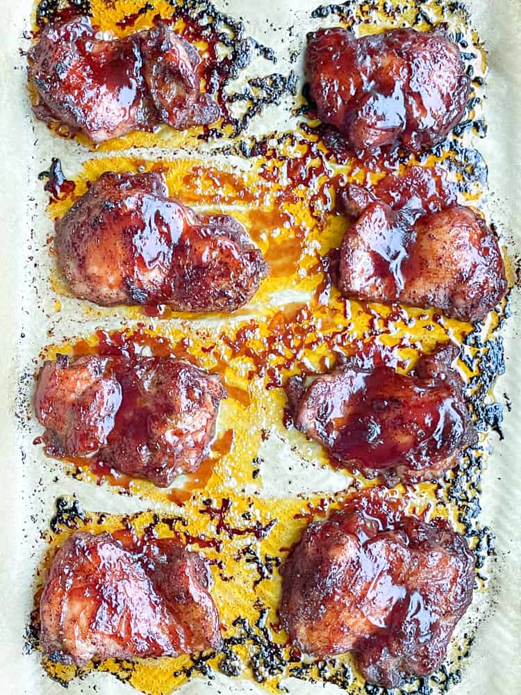 Barbecue chicken thighs baked in the oven.