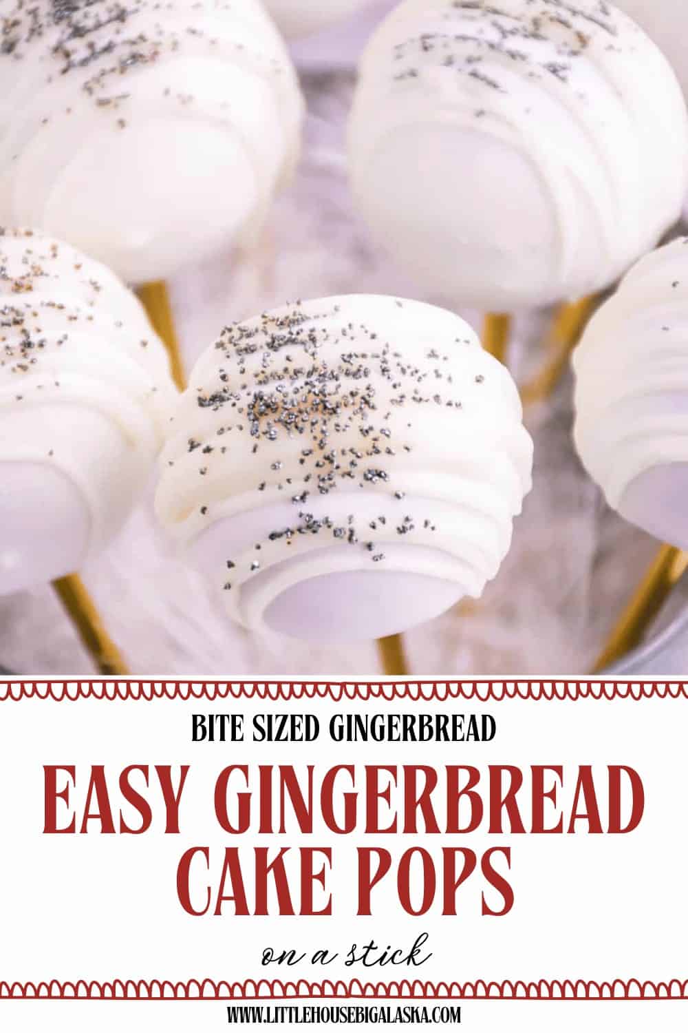 White-frosted gingerbread cake pops on sticks, topped with silver sprinkles, arranged closely together on a light background. Text overlay promotes an easy GINGERBREAD CAKE POPS recipe.