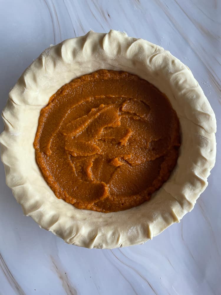 Pumpkin layer in a pecan pumpkin pie. 