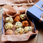 Homemade dark chocolate truffles in a giftbox.
