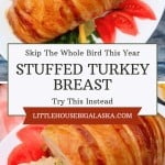 Bacon-wrapped Stuffed Turkey Breast, sliced to reveal its savory filling, served on a white plate with tomato slices and a parsley garnish.