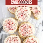A batch of round Candy Cane Cookies topped with white icing and crushed leftover candy canes, displayed on parchment paper. The text above reads "Peppermint Candy Cane Cookies Cookie Recipe.