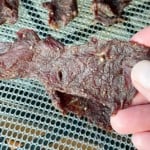 A piece of homemade beef jerky made the dehydrator with more jerky behind it.