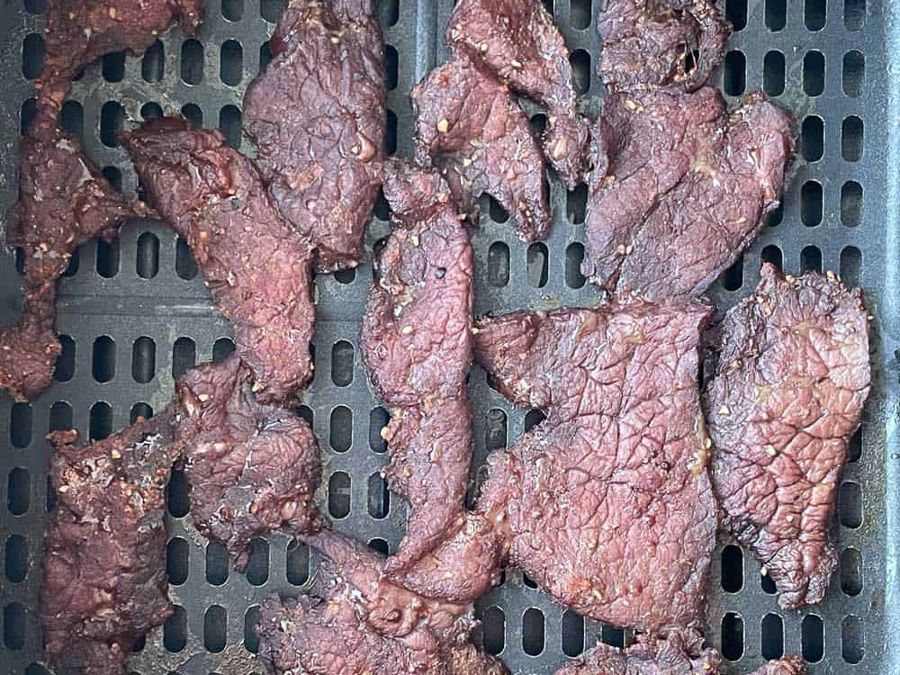 A slice of air-fried beef jerky.