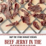 Sliced beef strips arranged on a dehydrator tray, ready to be made into homemade beef jerky. Text over the image reads: “BEEF JERKY IN A FOOD DEHYDRATOR. Homemade Is Better.”.