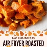A spoon holds roasted sweet potato cubes above a white plate. Text reads: “Air Fryer Roasted Sweet Potatoes, Ready in Minutes.” Enjoy the crispy perfection of sweet potatoes in the air fryer, quick and delicious every time.