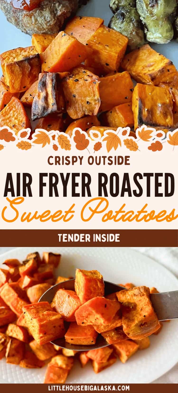 Air fryer roasted sweet potatoes in the air fryer are served on a plate, featuring a crispy exterior and tender interior, and garnished with fresh herbs.