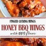 A hand holds a saucy chicken wing above a plate of Honey BBQ Wings. Text on the image reads “Honey BBQ Wings with BBQ flavor” and “Finger-licking wings.” Perfect for game day or gatherings, these Air Fryer Chicken Wings are bursting with sweet and smoky flavor.