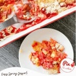 A baking dish and plate showcase servings of Rhubarb Dump Cake, featuring a crumbly topping with visible pieces of rhubarb and fruit filling.