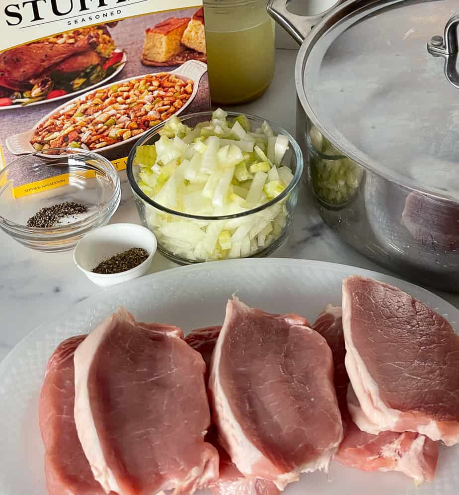 Ingredients for stuffing pork chop casserole.