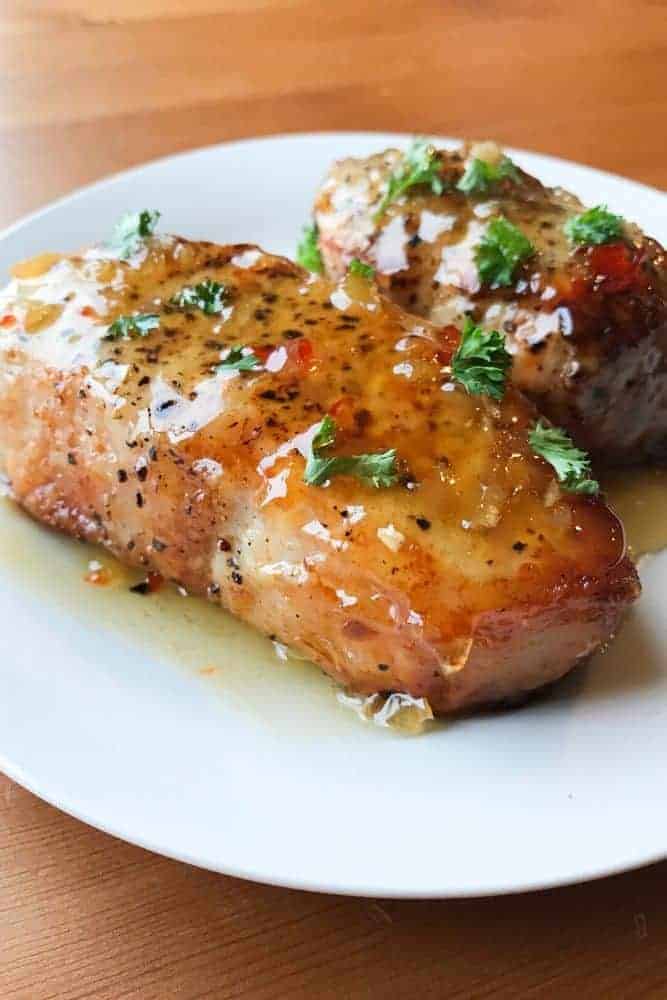 Air-fried pork chops glazed with honey garlic.
