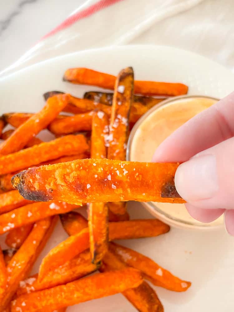 Frozen sweet potato fries make perfect fries in the air fryer. 
