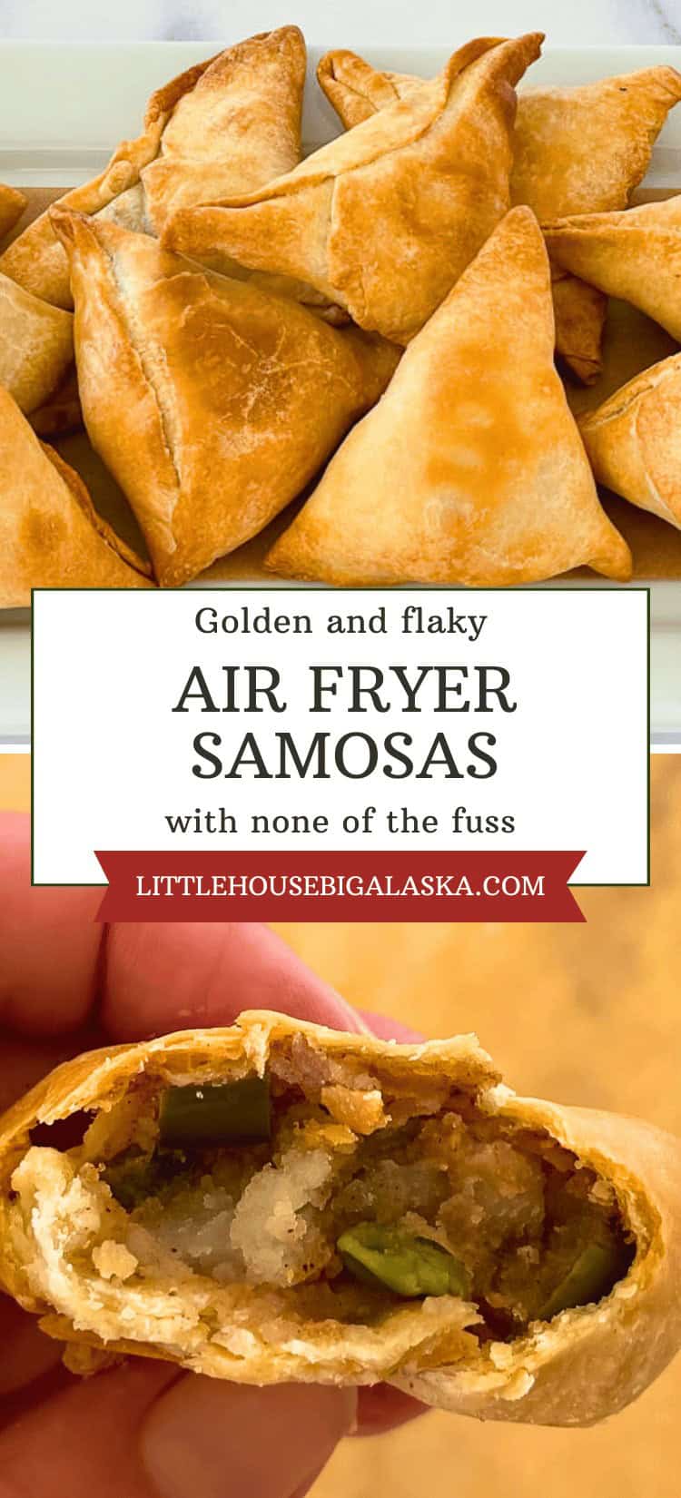 A plate of golden, triangular Air Fryer Samosas sits above a closeup of a hand holding a bitten samosa, showing the spiced filling inside.