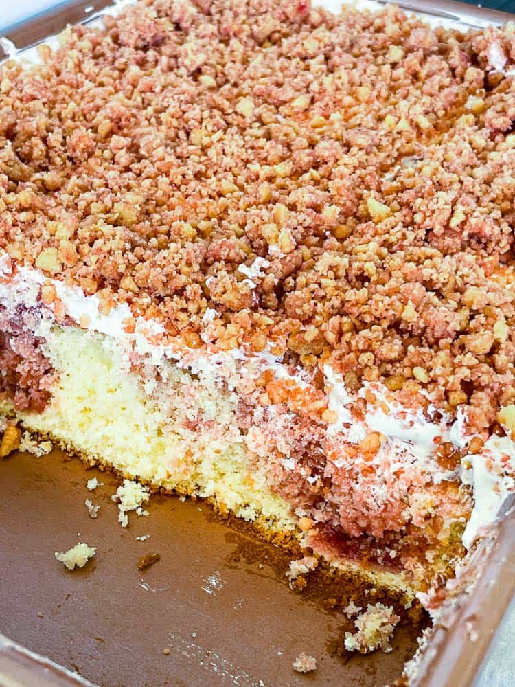 Strawberry swirl cake with crunchy topping.