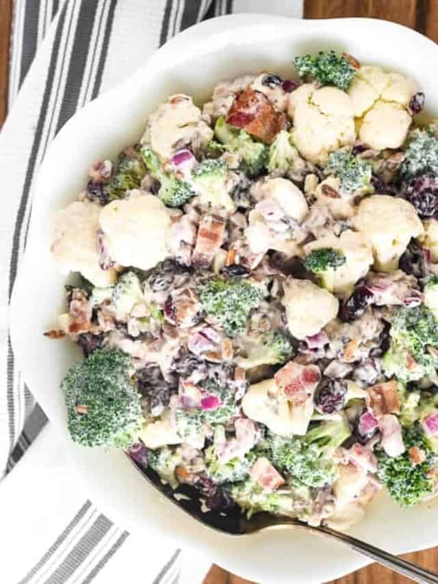 Cauliflower and Broccoli Salad in serving bowl.