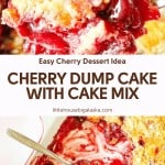 A cherry dump cake with a crumbly topping is served from a baking dish, showcasing its gooey cherry filling and golden crust as a spoonful of the dessert is lifted out.