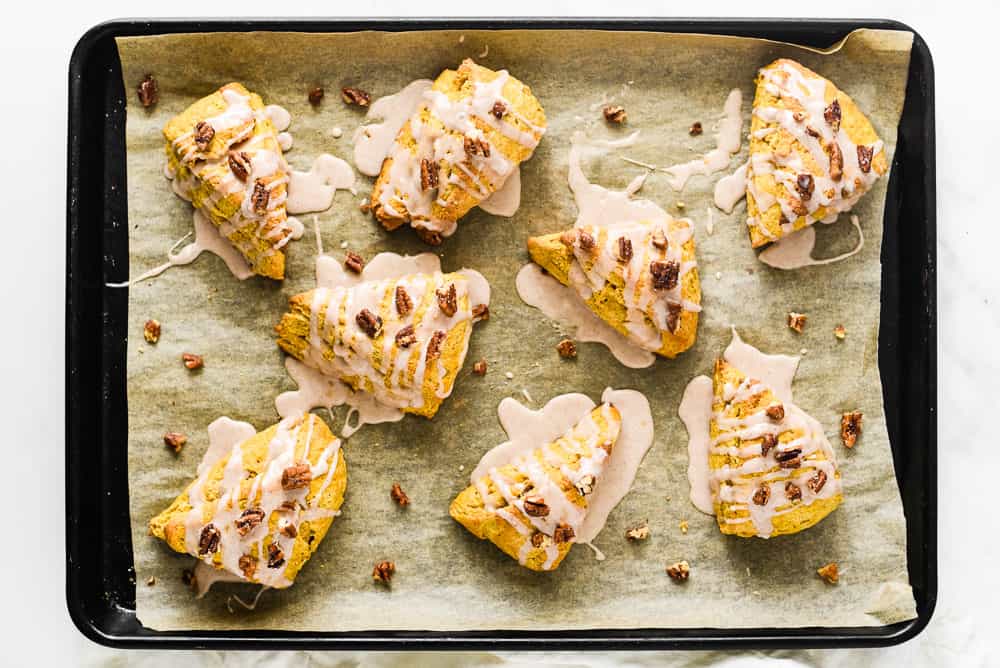 Freshly iced pumpkin scones. 