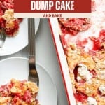A baking dish of Strawberry Dump Cake with servings plated on white dishes beside it; visible crumbly topping and strawberry filling.