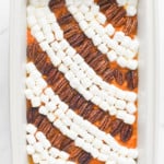 Candied pecan marshmallow sweet potato casserole before it is baked.